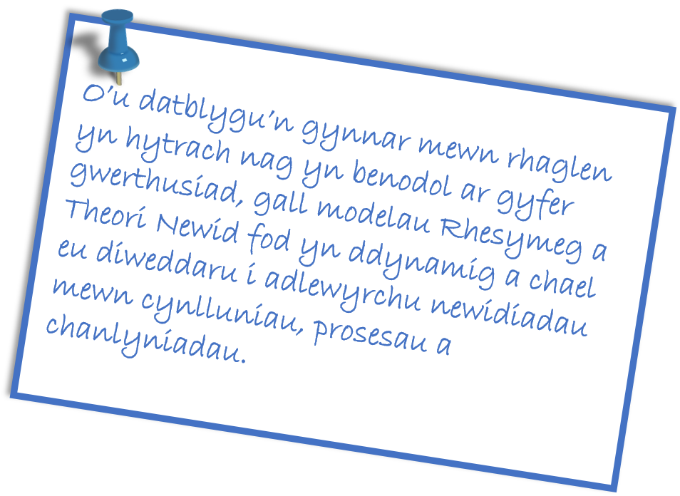 O’u datblygu’n gynnar mewn rhaglen yn hytrach nag yn benodol ar gyfer gwerthusiad, gall modelau Rhesymeg a Theori Newid fod yn ddynamig a chael eu diweddaru i adlewyrchu newidiadau mewn cynlluniau, prosesau a chanlyniadau.